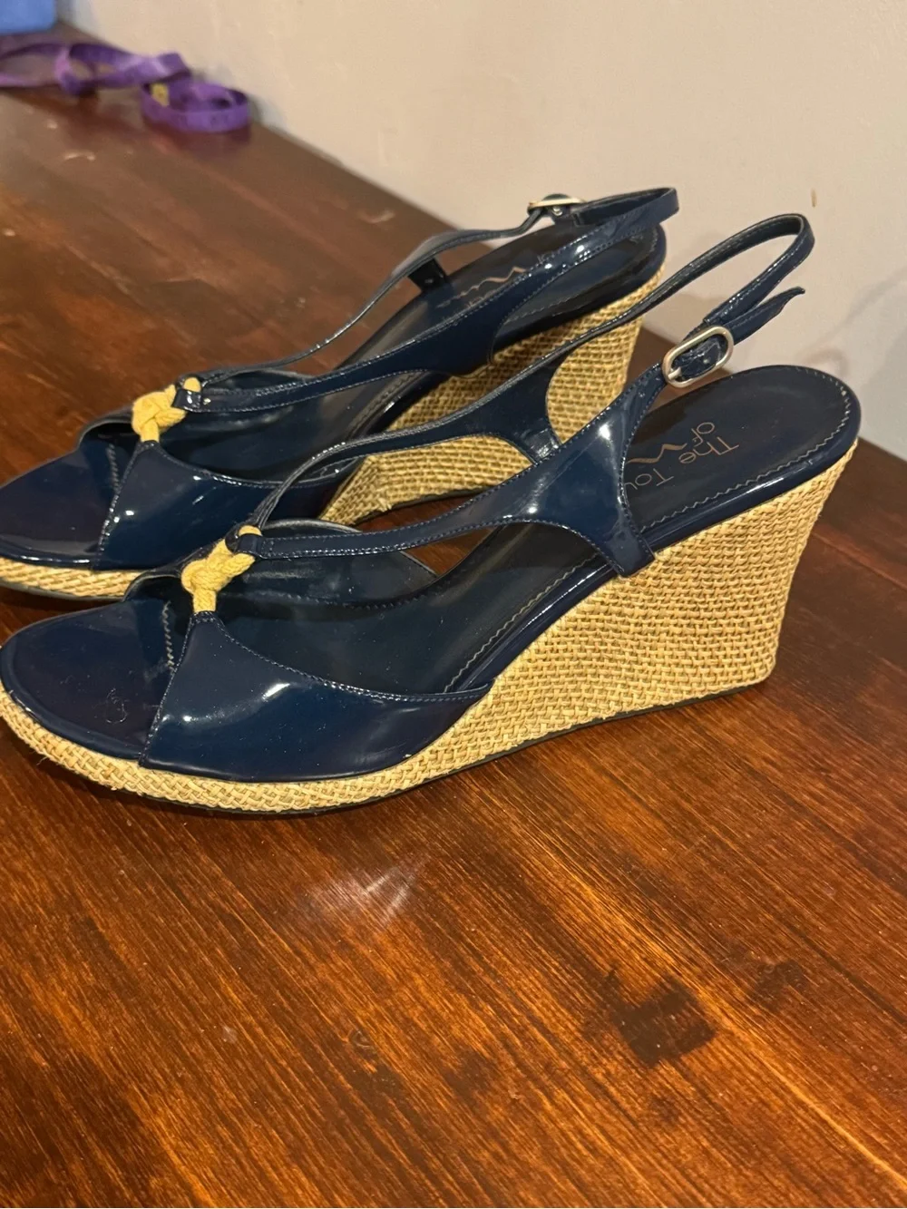 EUC Touch of Nina Navy Patent Wedge Sandals with Tan Rope Knot